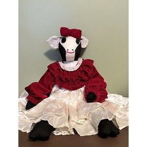 VTG Handmade Kitschy Stuffed Muslin Cow Red Velvet Southern Belle Dress/Coun…